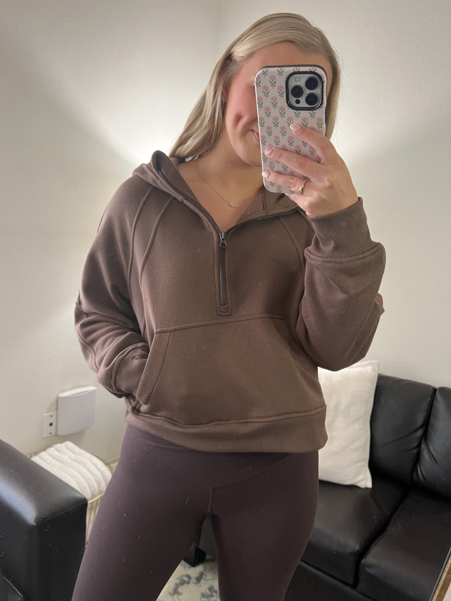 Cropped Quarter Zip Hoodie - Coffee