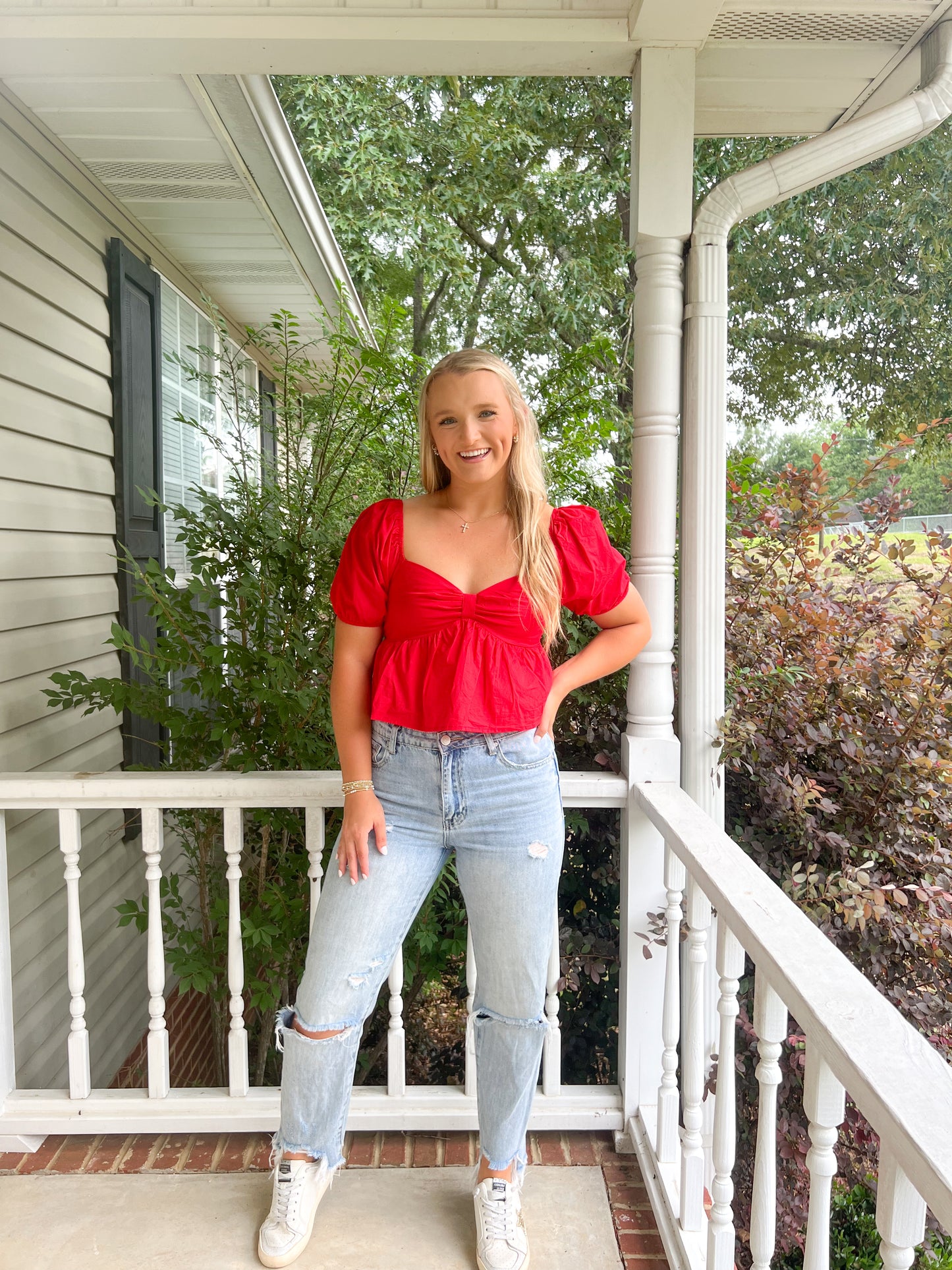 Poplin Puff Sleeve Top- Red