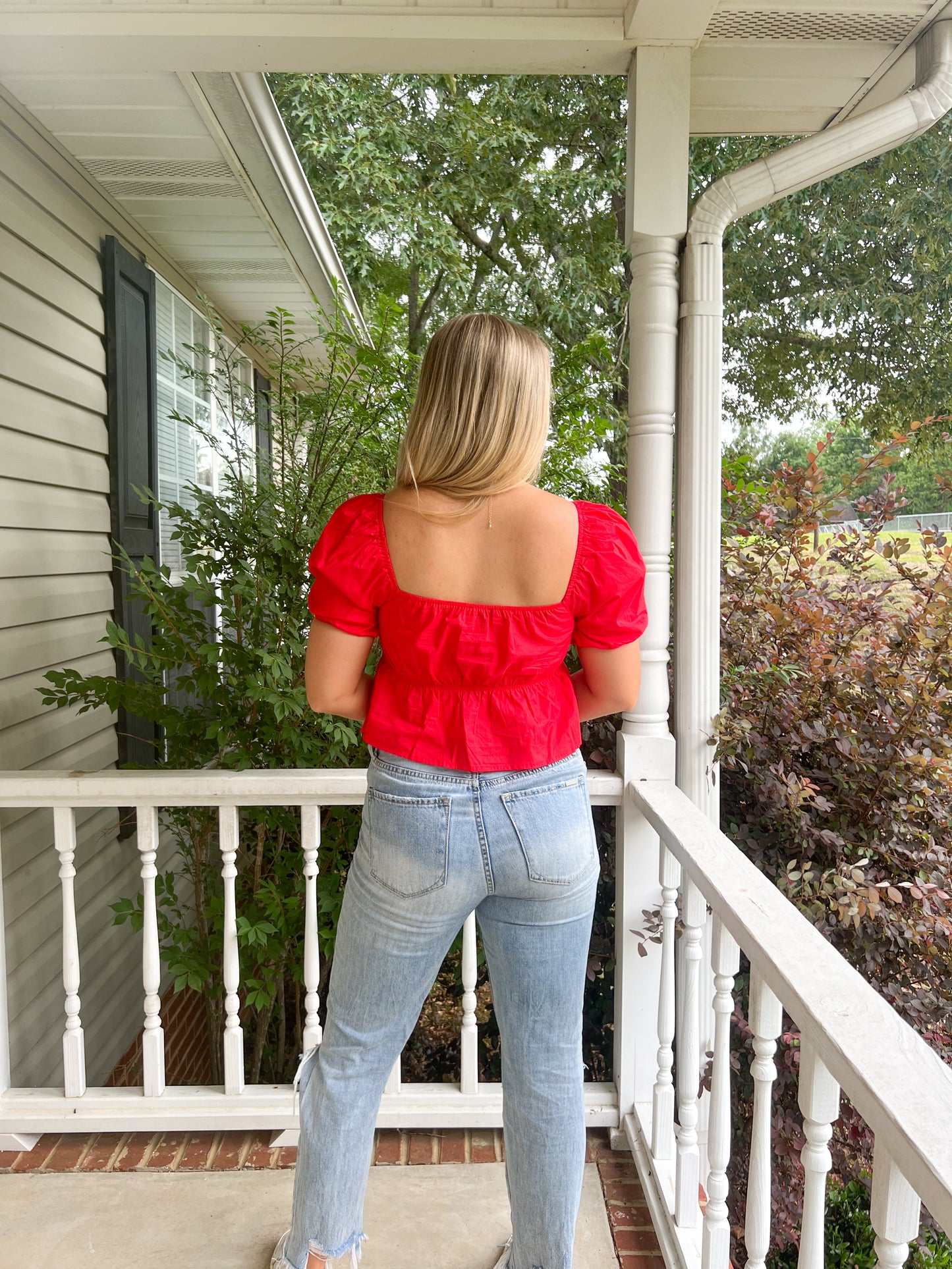 Poplin Puff Sleeve Top- Red