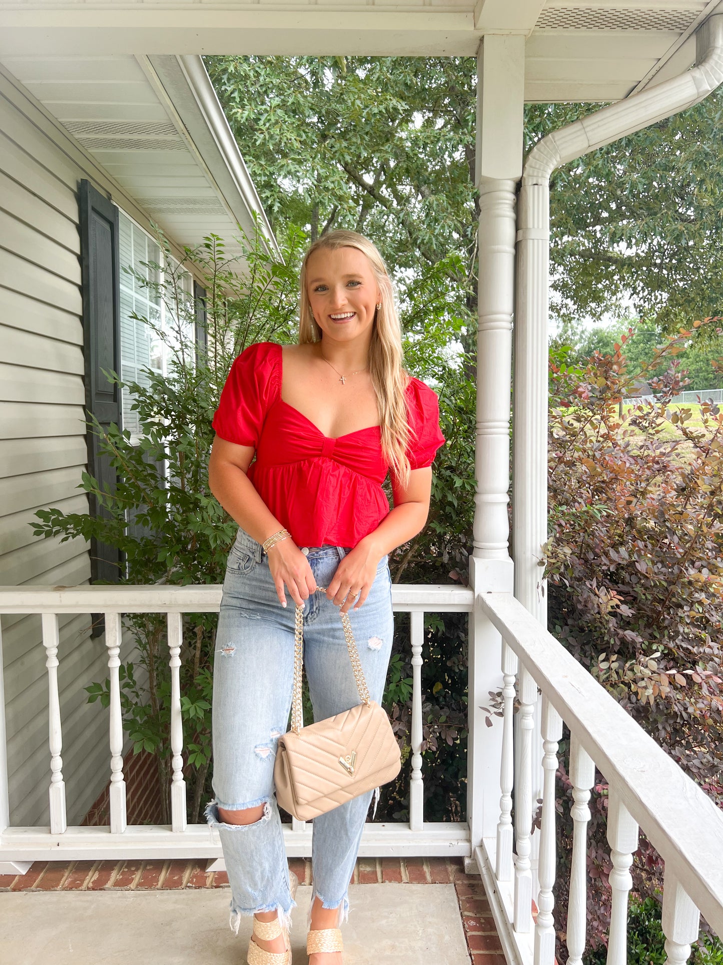 Poplin Puff Sleeve Top- Red