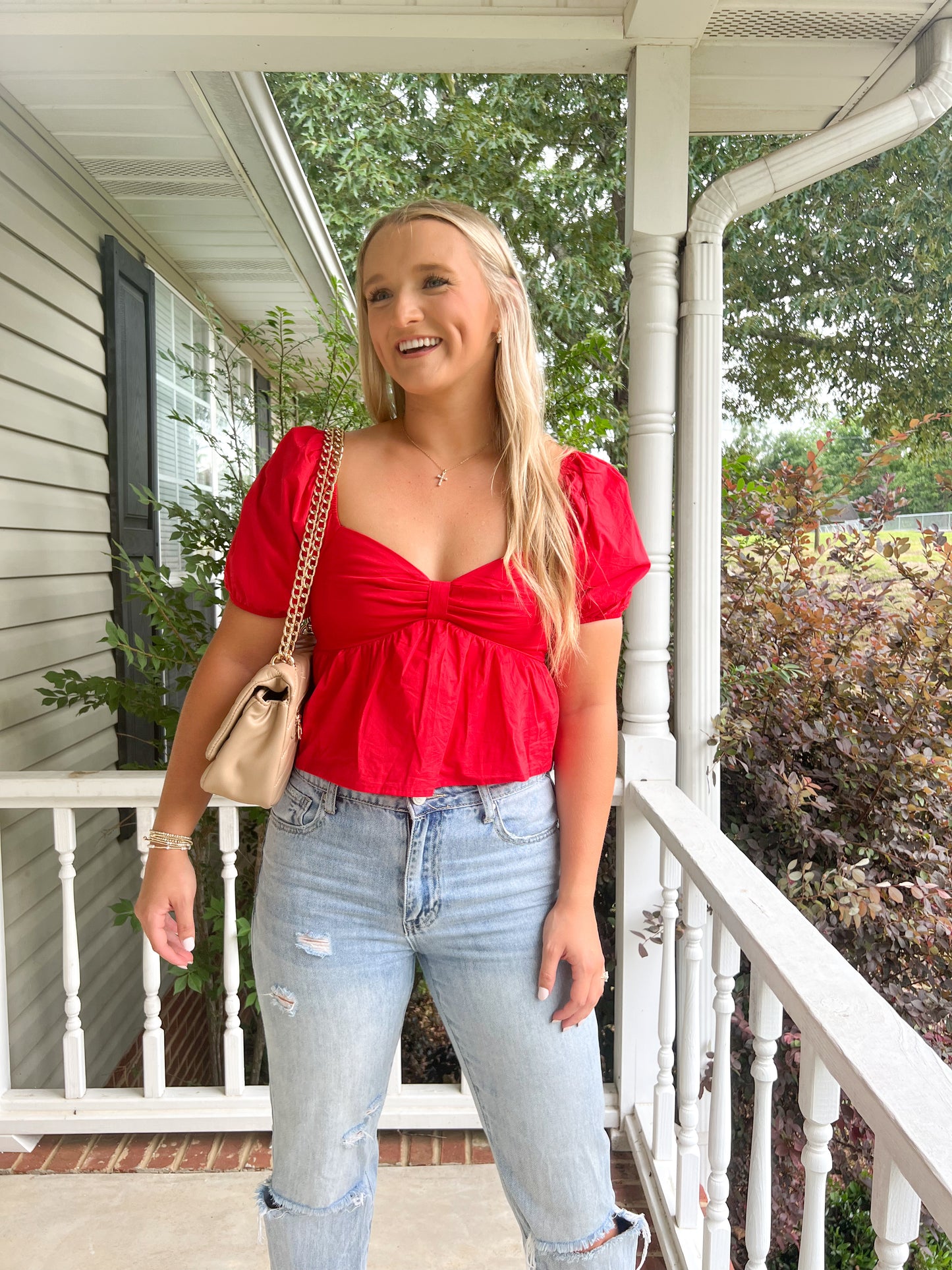 Poplin Puff Sleeve Top- Red