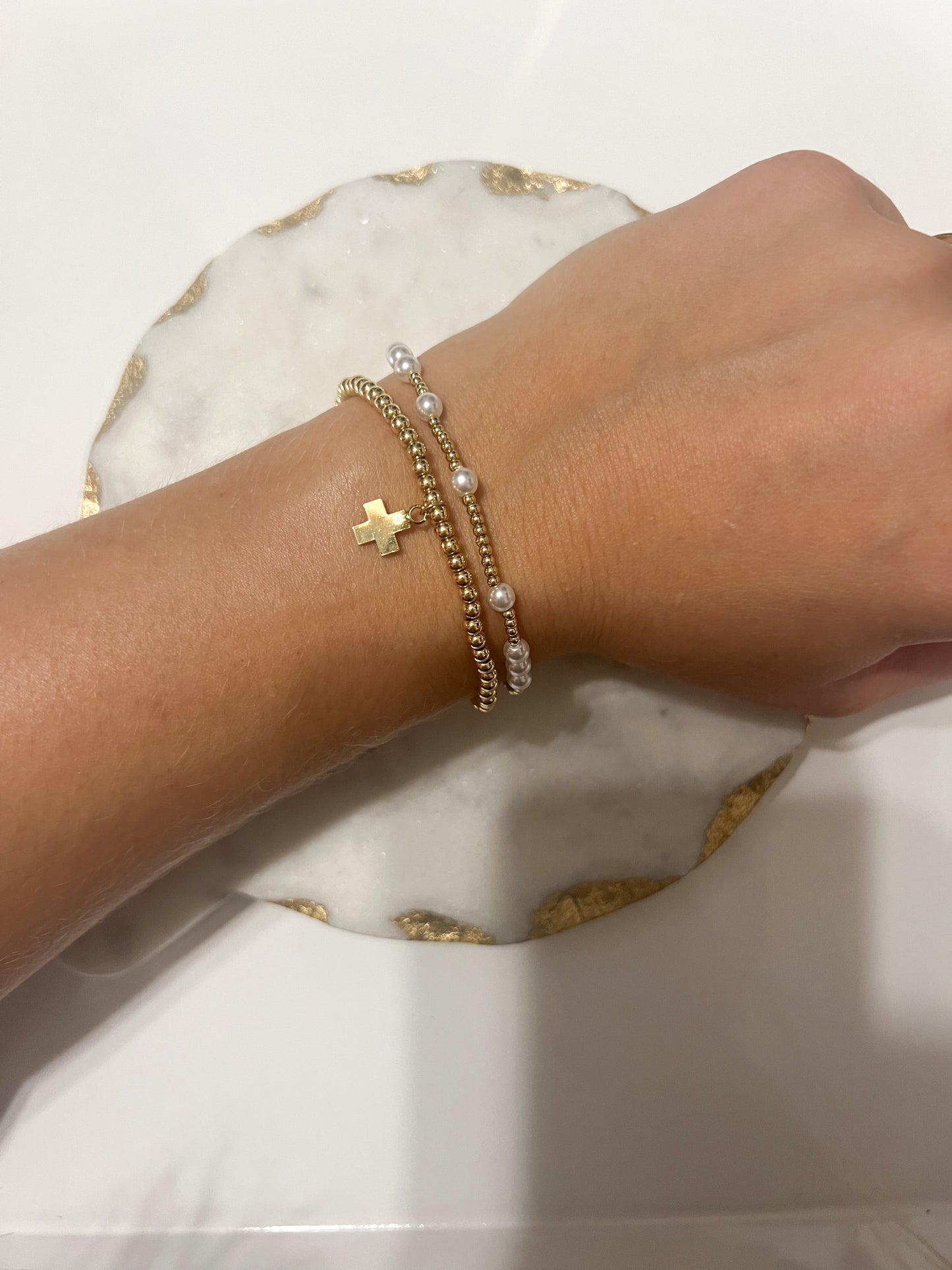Cross Pearl Bracelet Set-Gold