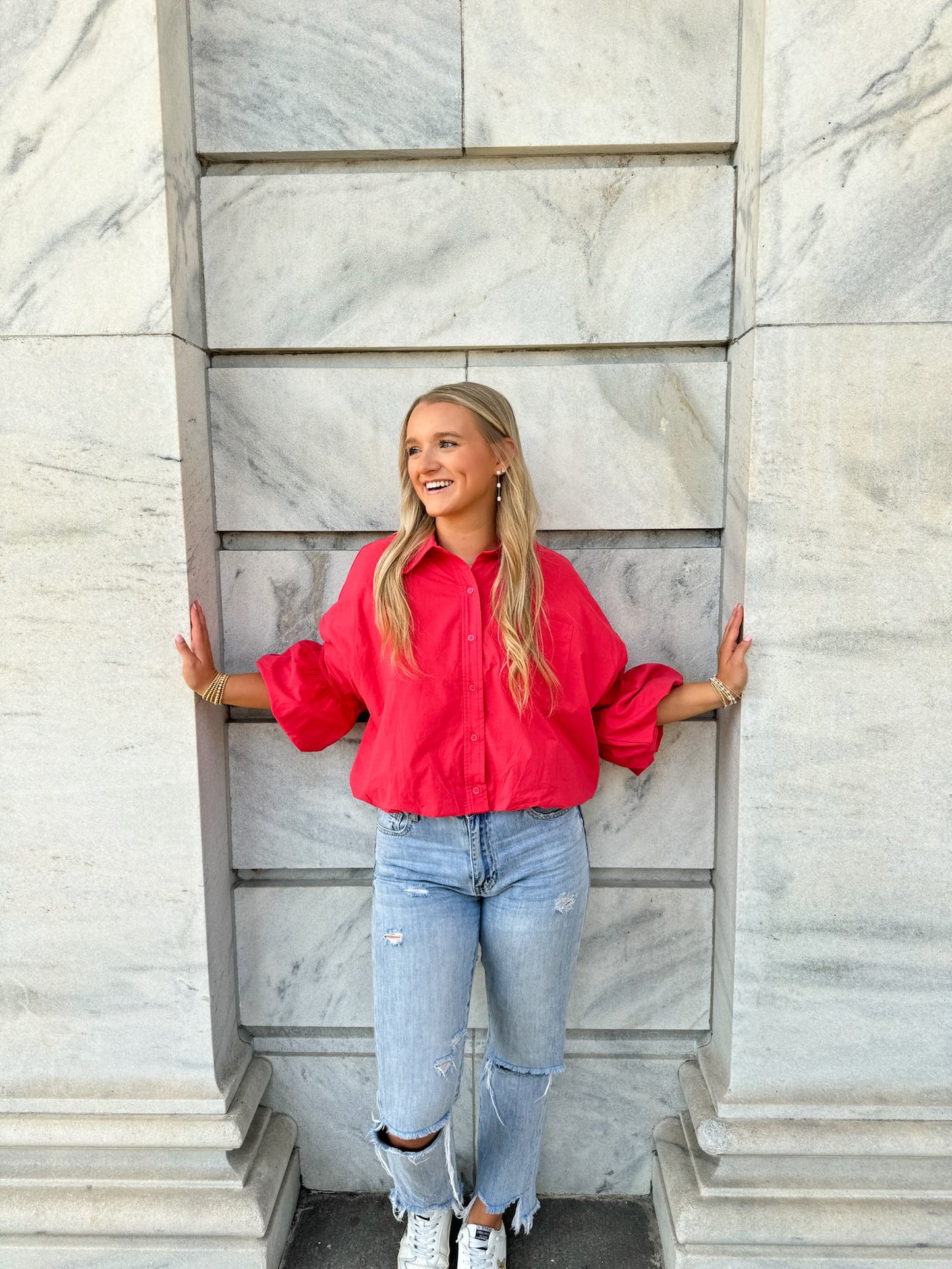Bubble Sleeve Button Up Top- Berry Red