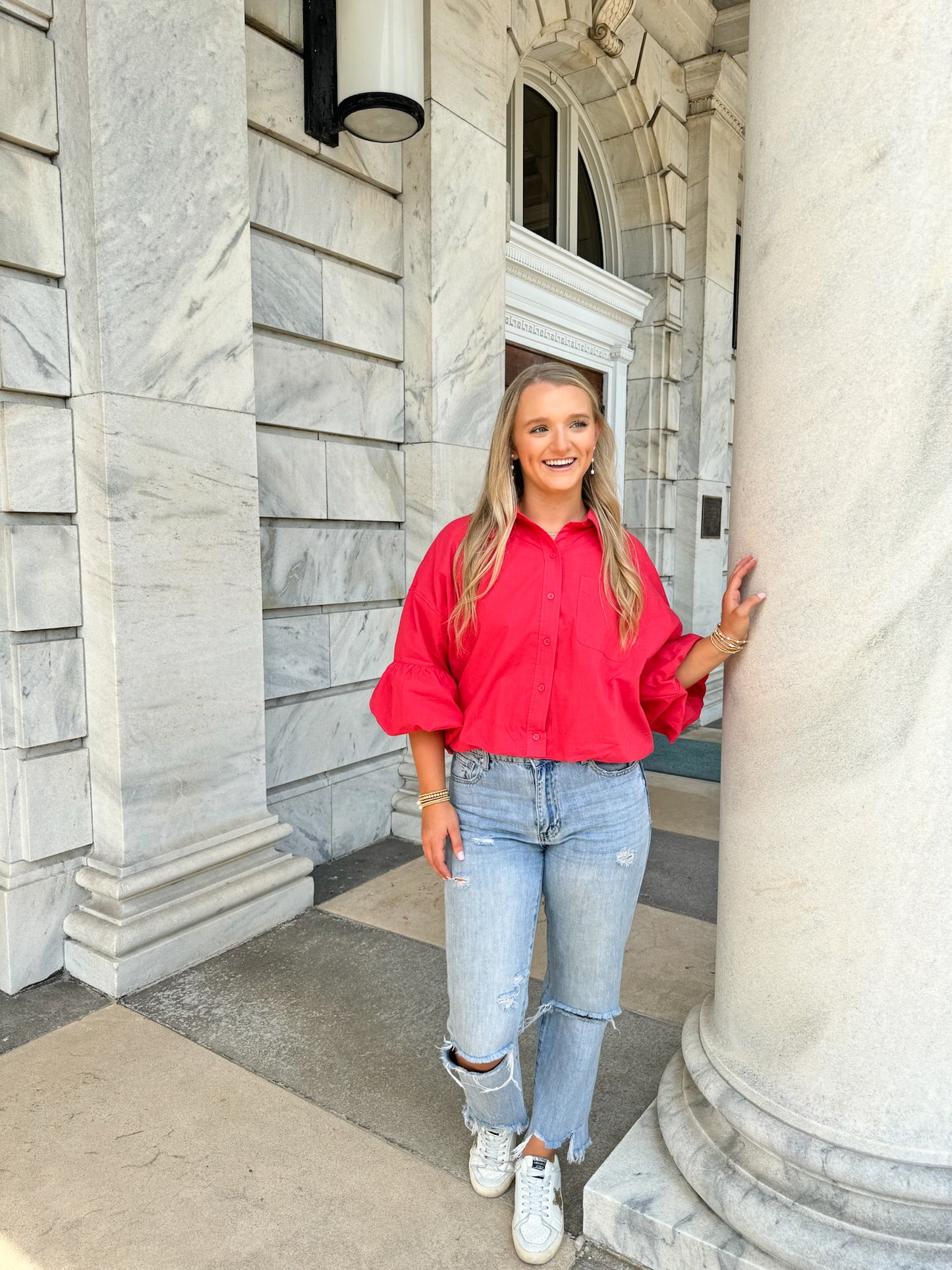 Bubble Sleeve Button Up Top- Berry Red