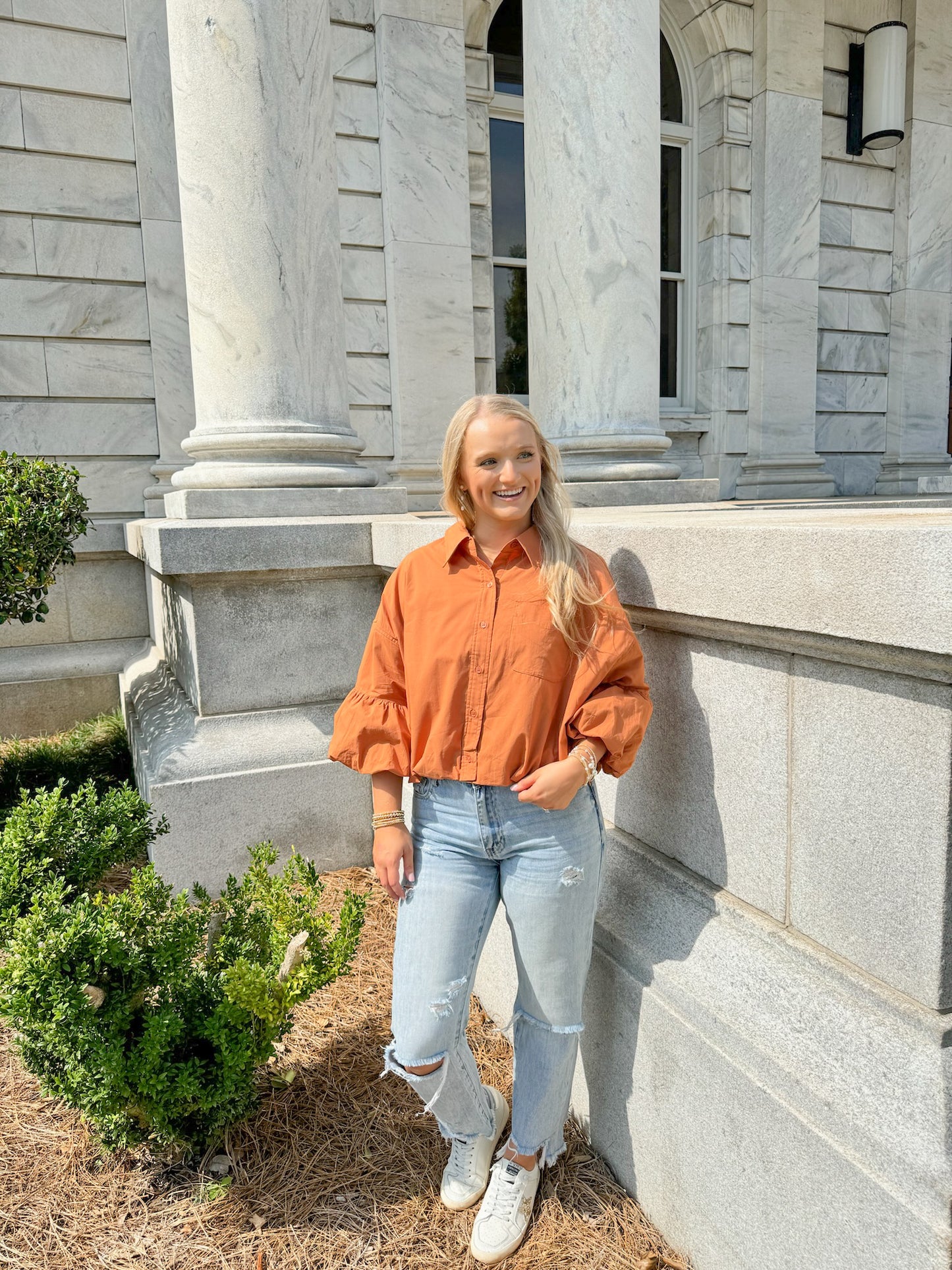 Bubble Sleeve Button Up Top- Bronze