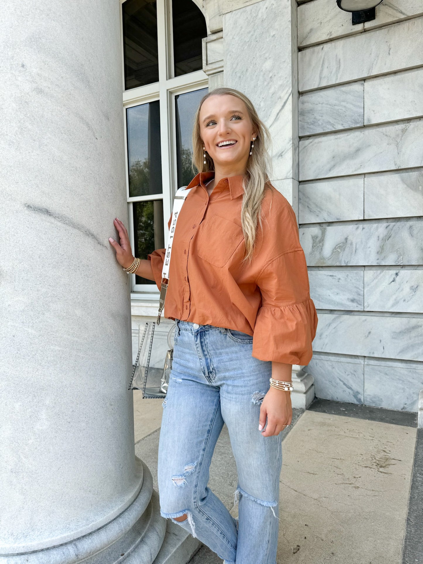 Bubble Sleeve Button Up Top- Bronze