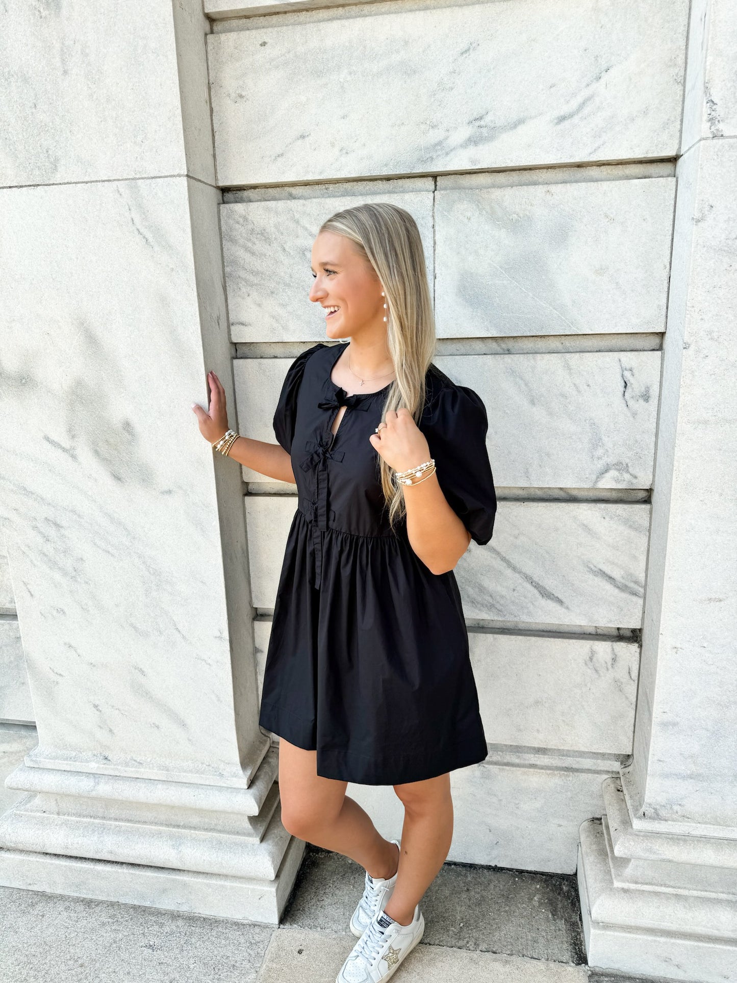 Poplin Front Tie Mini Dress - Black