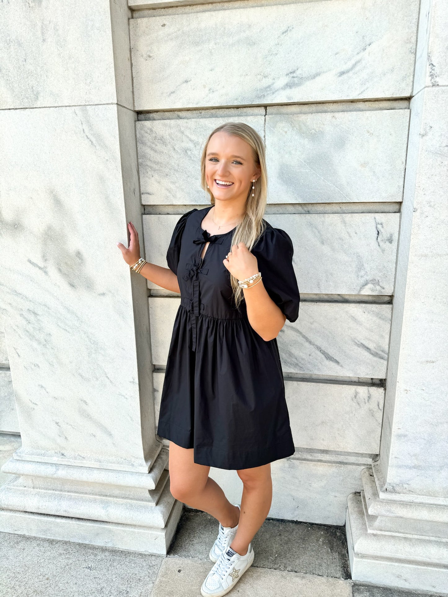 Poplin Front Tie Mini Dress - Black