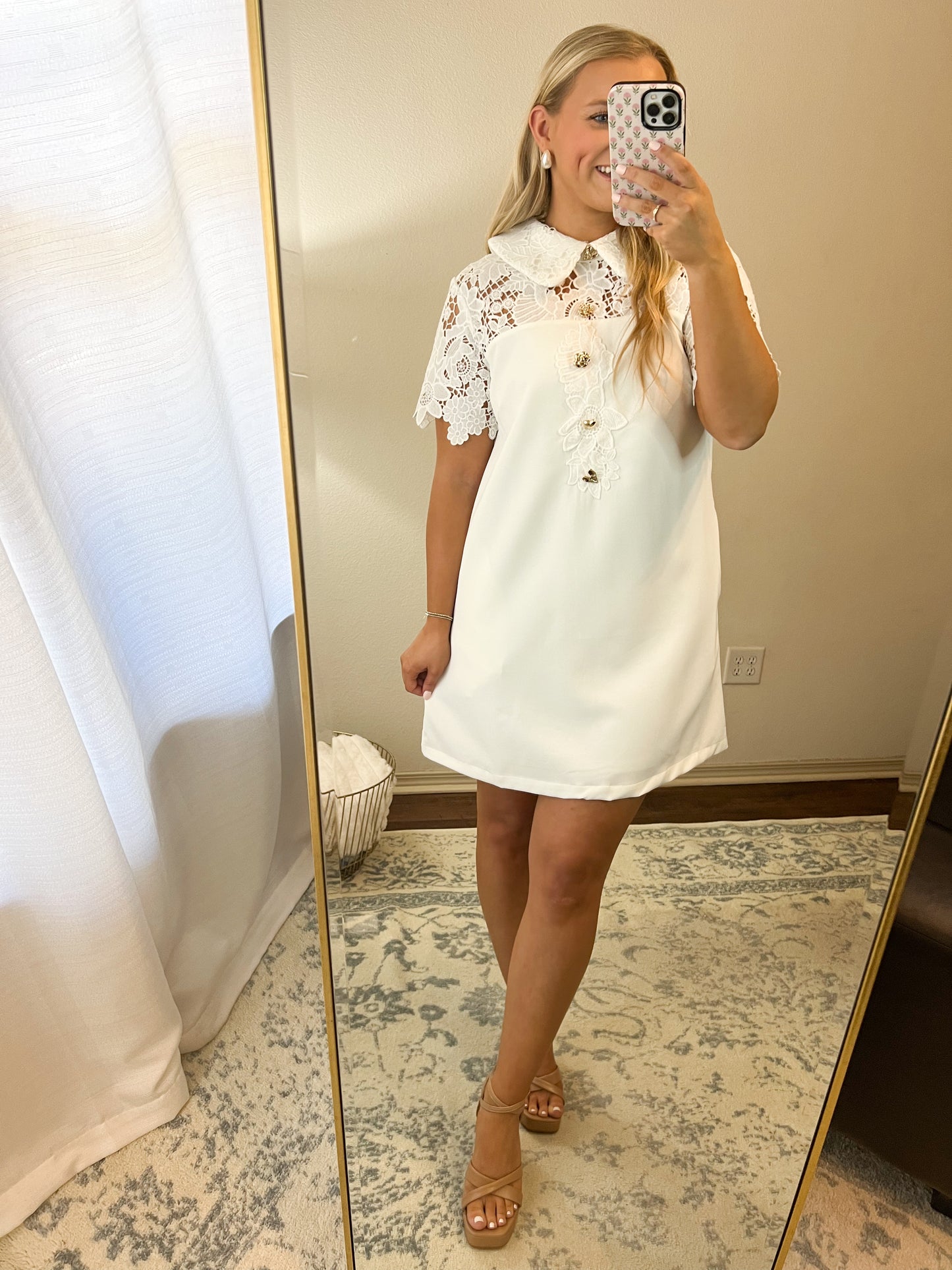 Floral Lace Detail Dress- White