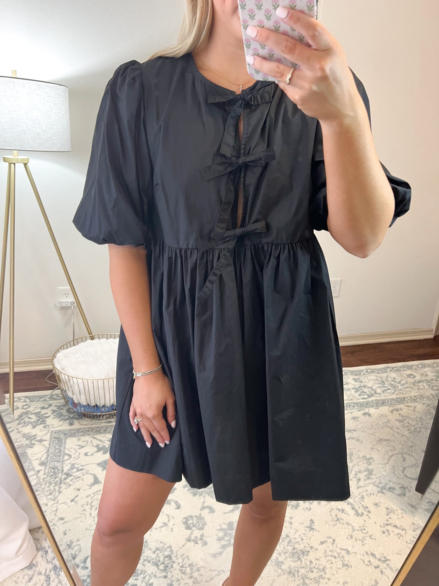 Poplin Front Tie Mini Dress - Black