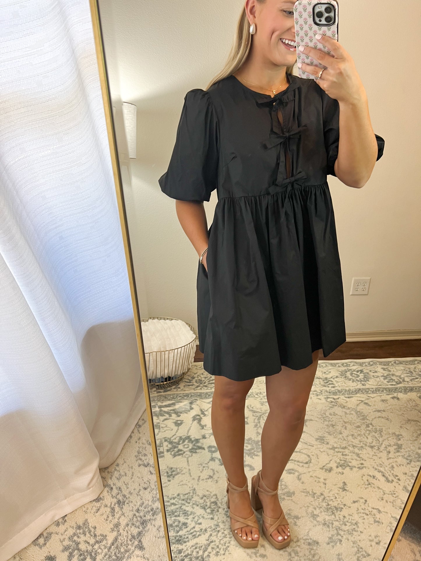 Poplin Front Tie Mini Dress - Black