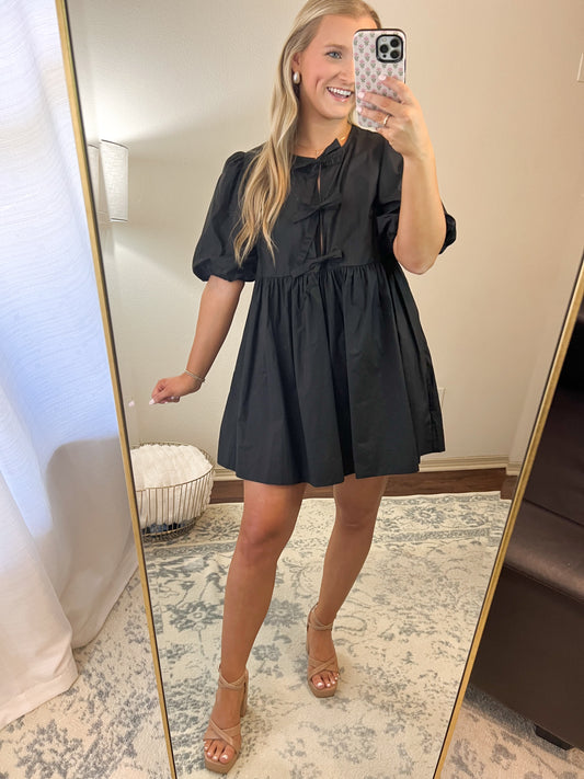 Poplin Front Tie Mini Dress - Black