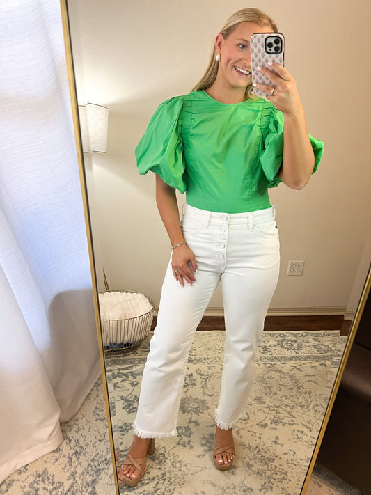 Balloon Sleeve Poplin Top- Green