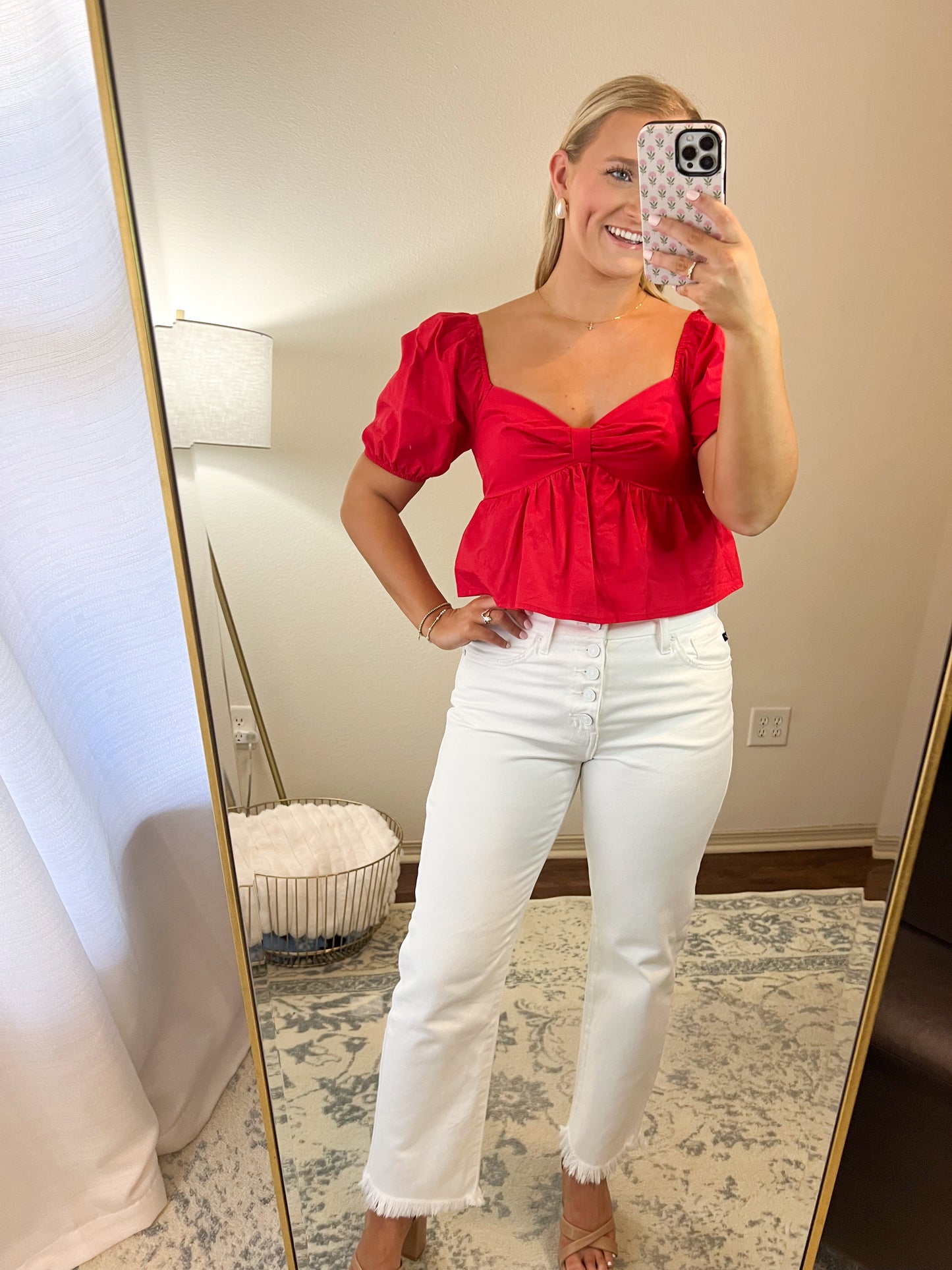 Poplin Puff Sleeve Top- Red