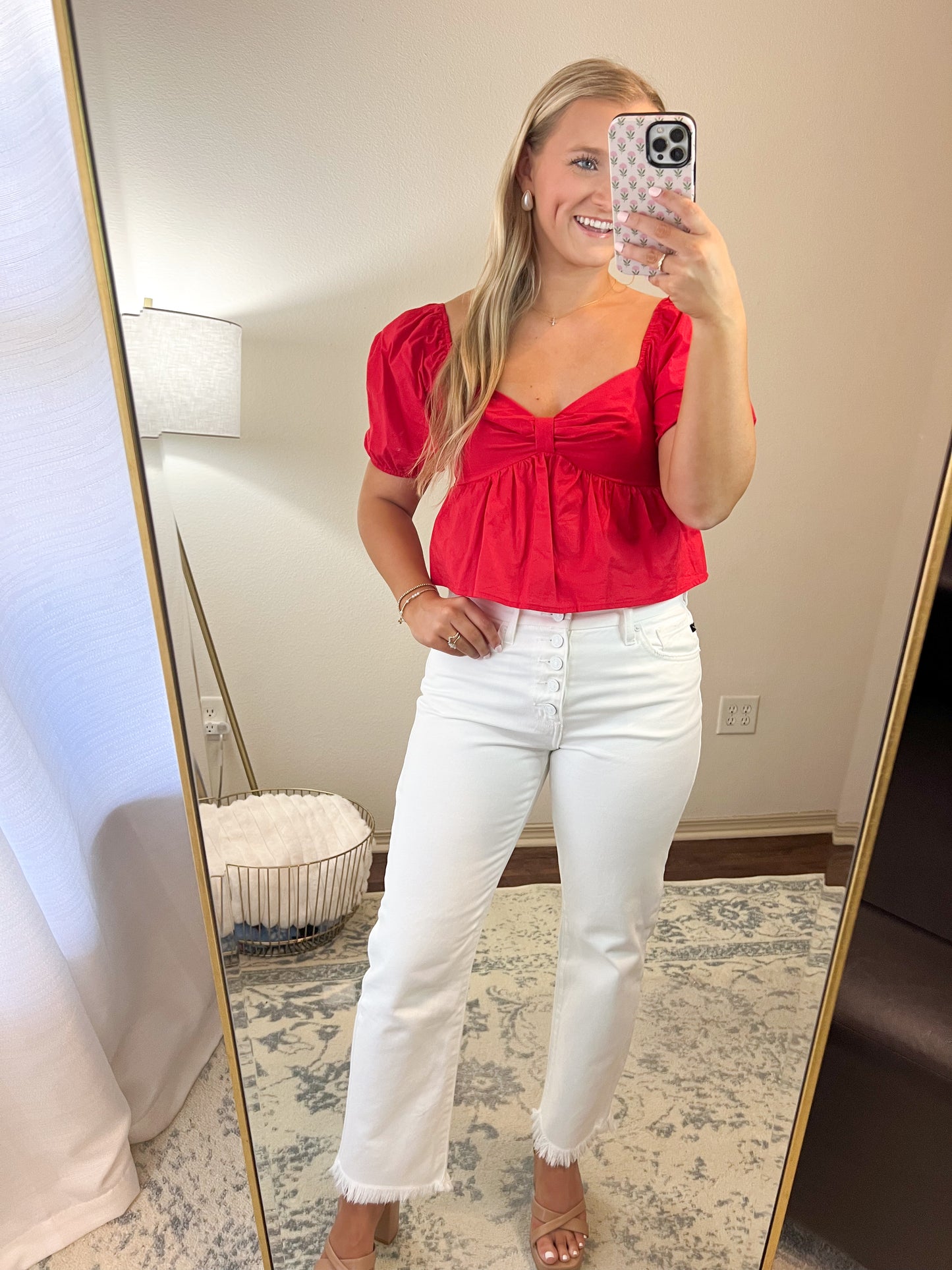 Poplin Puff Sleeve Top- Red