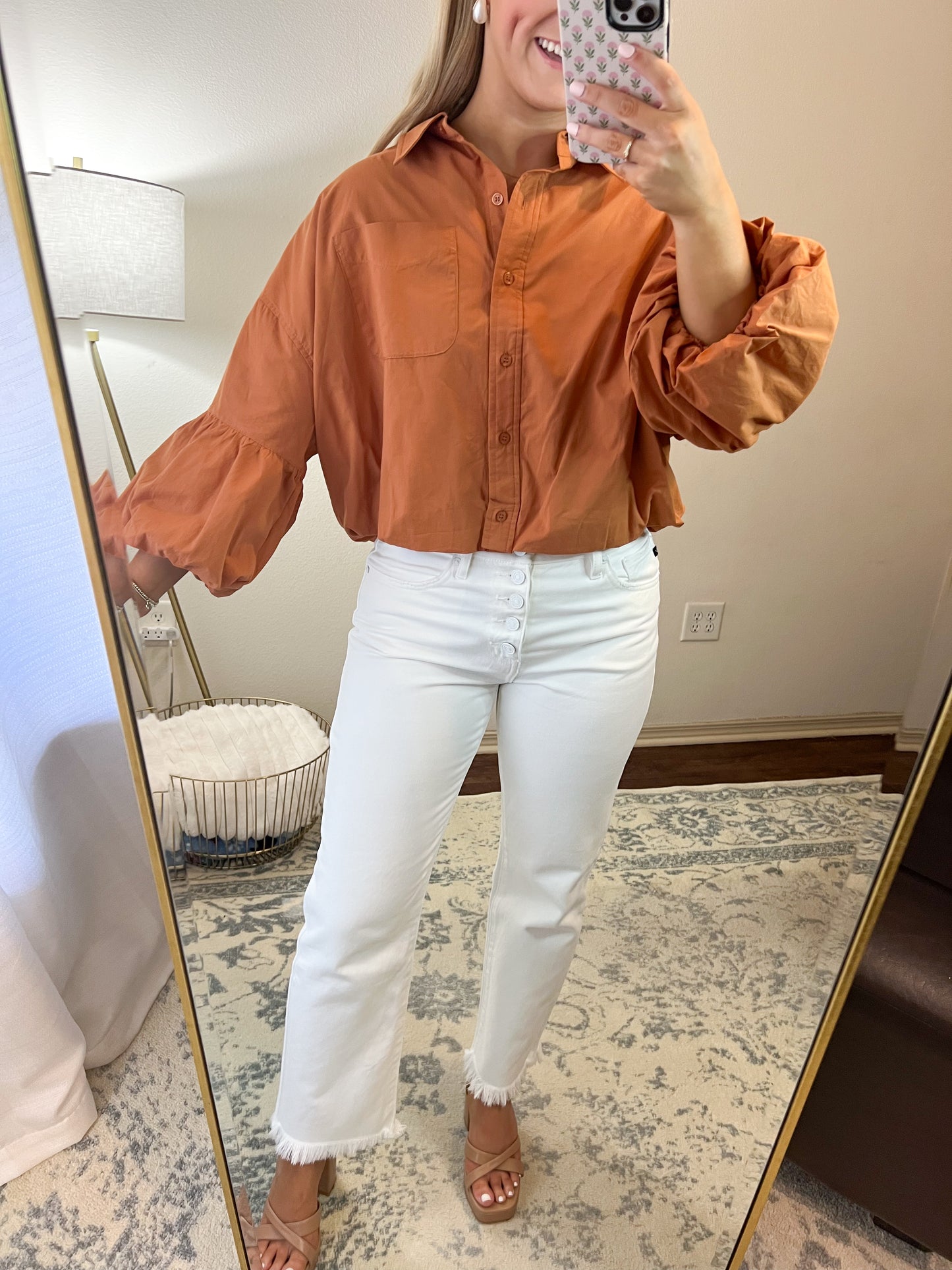 Bubble Sleeve Button Up Top- Bronze