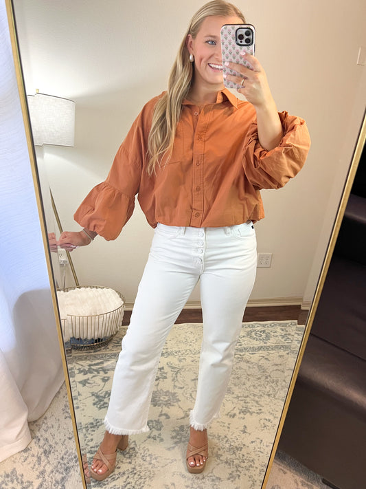 Bubble Sleeve Button Up Top- Bronze