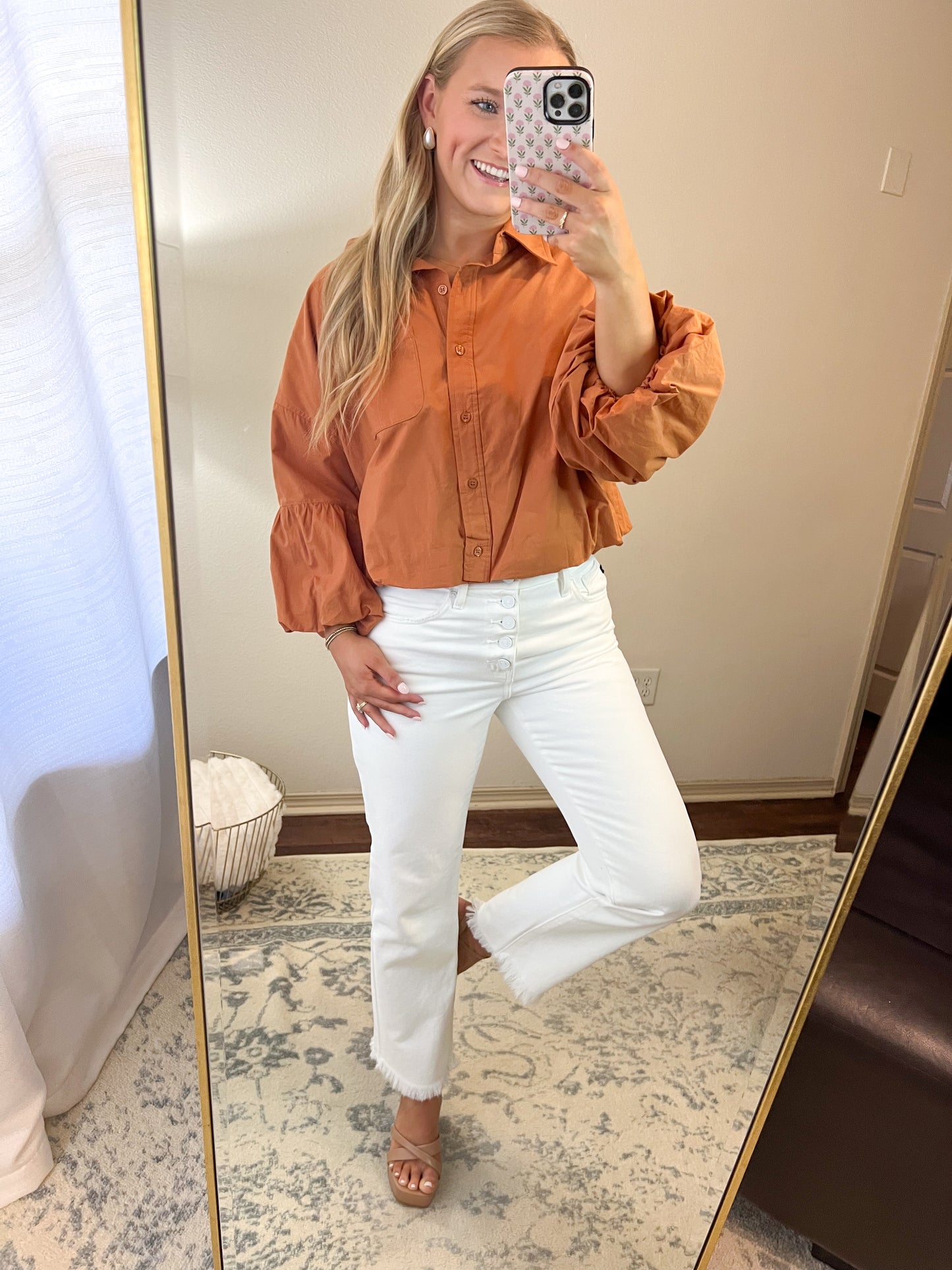 Bubble Sleeve Button Up Top- Bronze