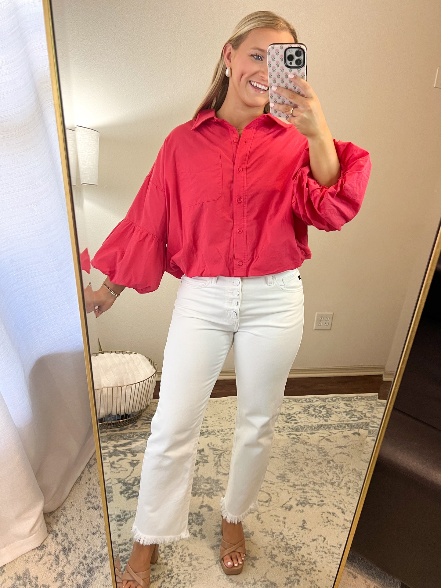 Bubble Sleeve Button Up Top- Berry Red