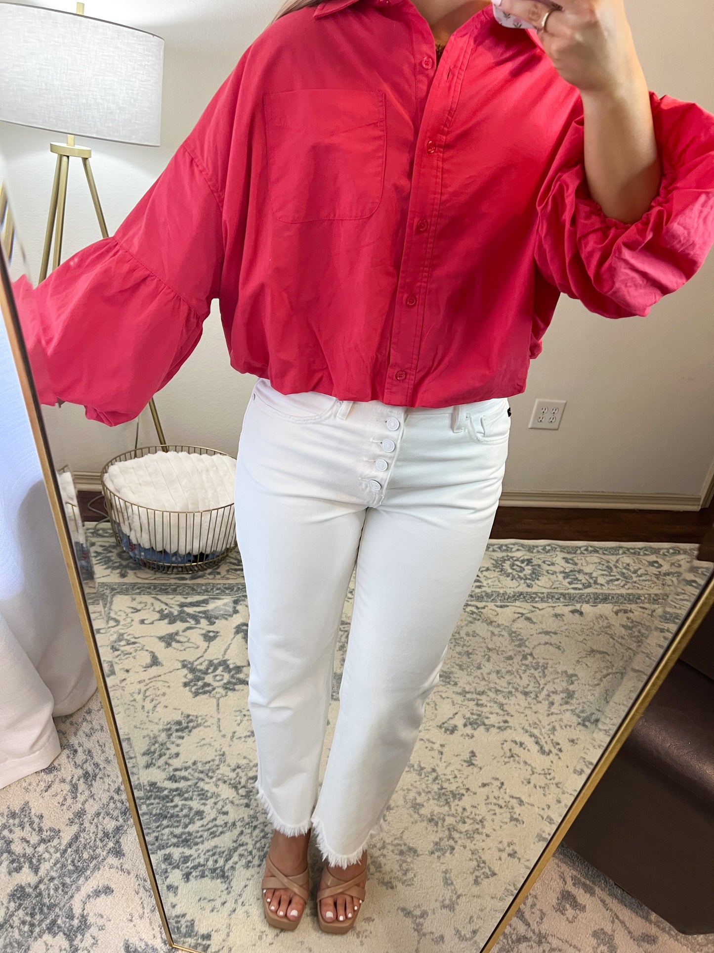 Bubble Sleeve Button Up Top- Berry Red