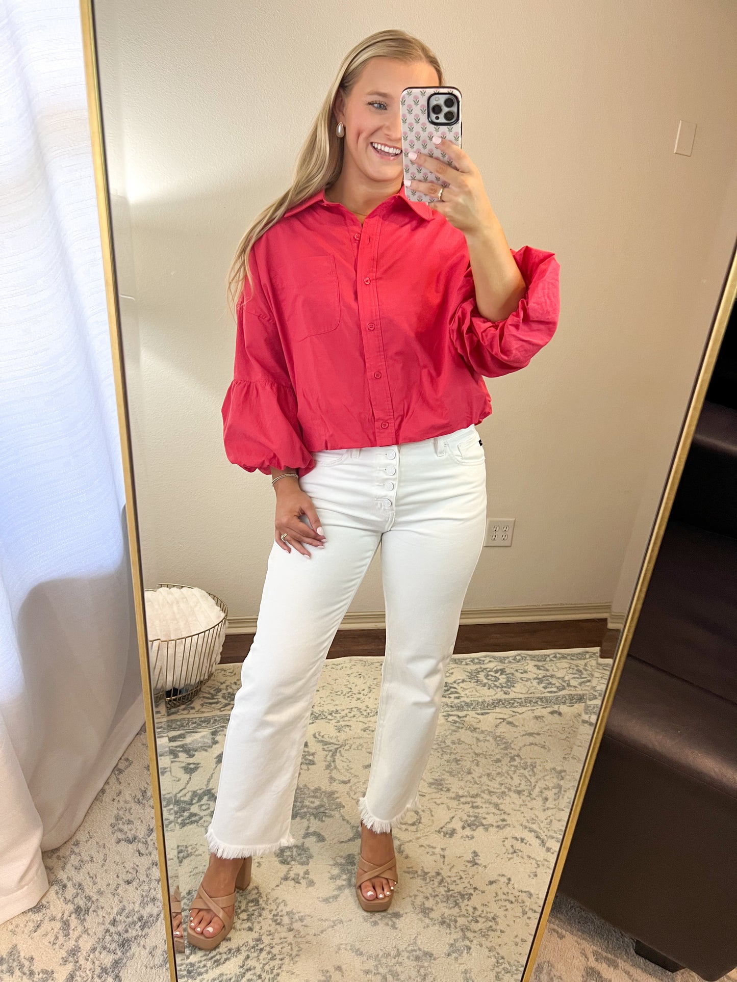 Bubble Sleeve Button Up Top- Berry Red