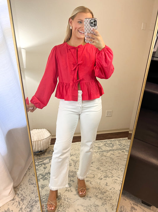 Front Tie Long Sleeve Top - Red